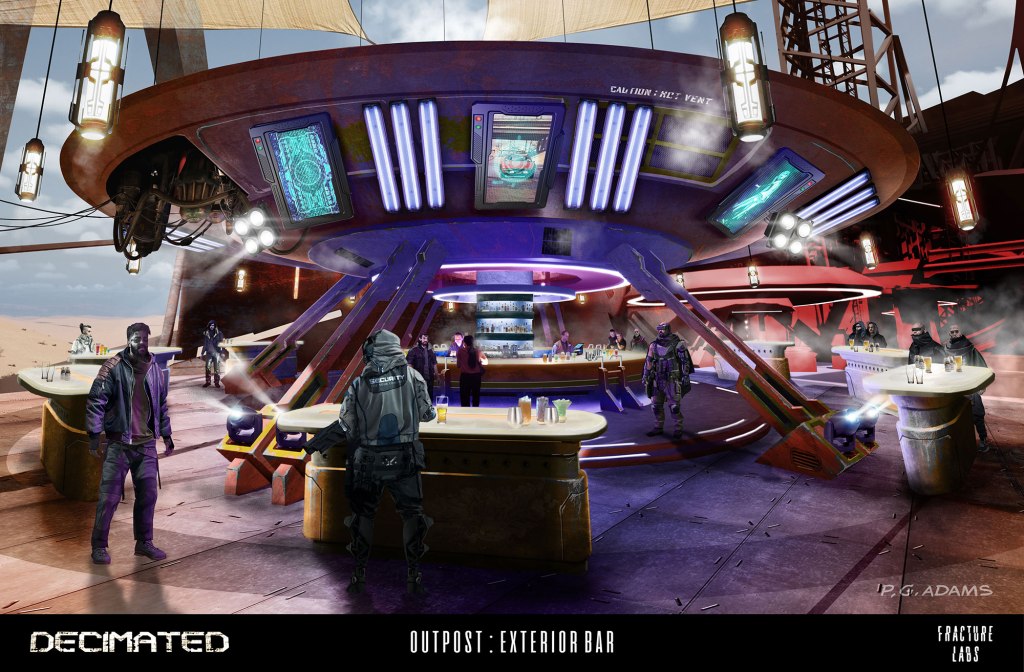 An exterior view of a futuristic bar set in a desert landscape, featuring high-tech equipment and various patrons. The bar is circular with vibrant lighting and holographic displays, surrounded by structured panels and machinery.