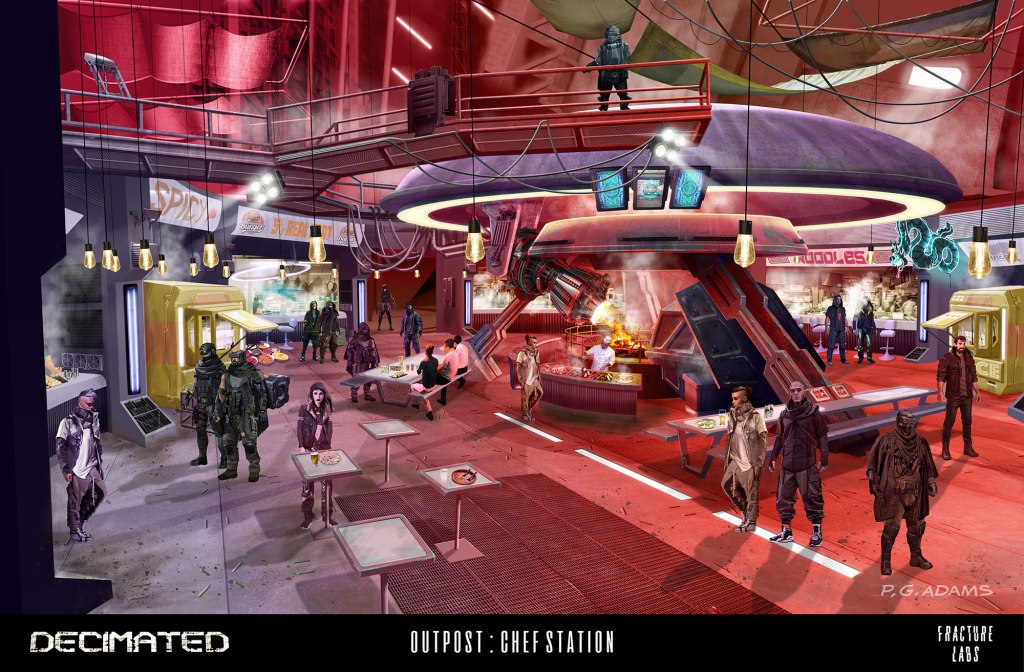 A futuristic food station called 'Chef Station' with various characters and vendors in a sci-fi setting. The scene includes soldiers, patrons dining, vibrant lighting, and a high-tech kitchen area, creating a busy atmosphere.