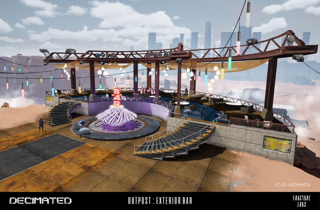 A digitally created exterior view of a bar at an outpost, featuring curved stairs, colorful hanging lights, and a sign that reads 'BAR'. The surrounding landscape includes rocky terrain and a city skyline in the distance.