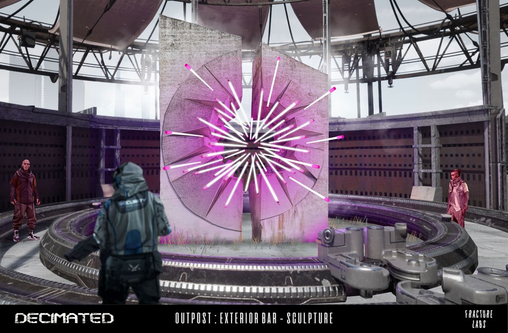 A futuristic outdoor bar setting featuring a large, abstract sculpture with pink and white light rays emanating from a central point, surrounded by industrial architecture and two figures in sci-fi attire.
