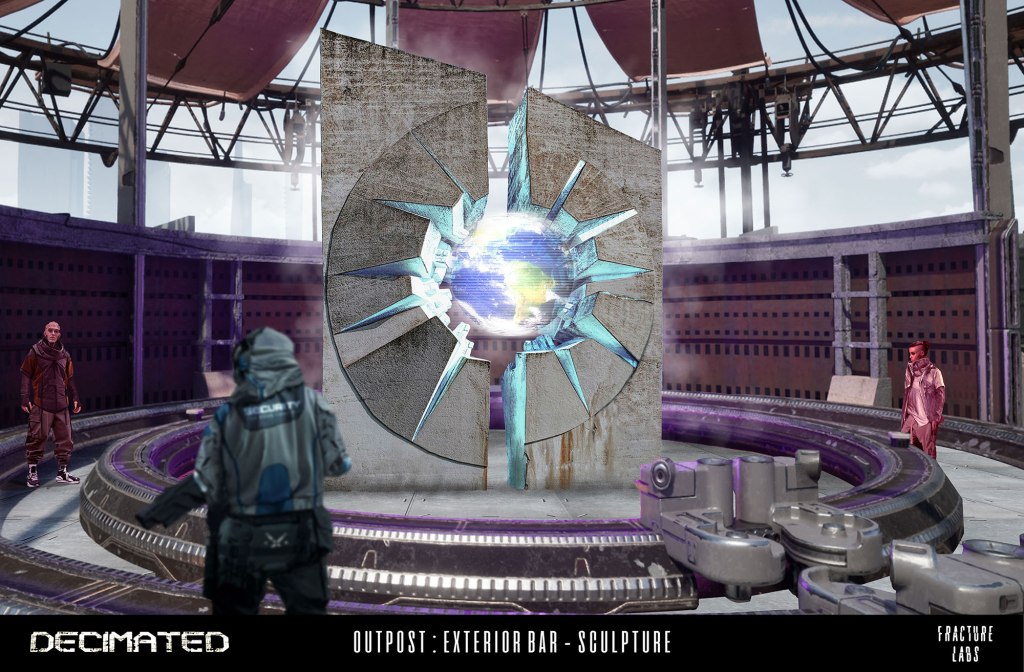 A futuristic outdoor bar scene featuring a large, artistic sculpture with a glowing, spinning core. Two characters in stylized clothing are positioned near the sculpture, with one character facing the viewer. The surroundings include a modern, industrial setting with a circular pathway and structural elements overhead.