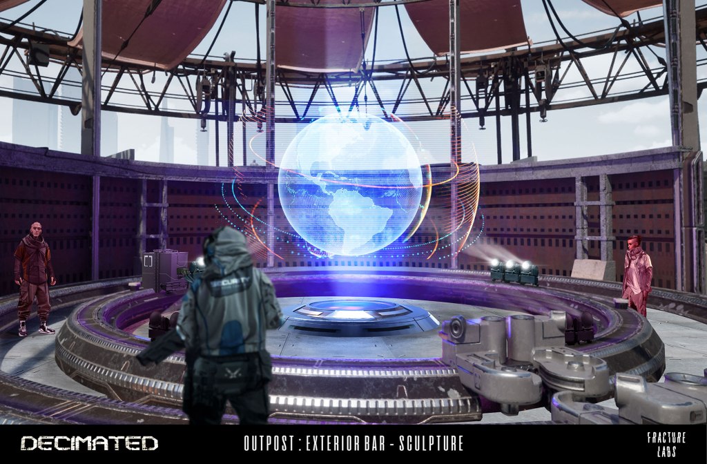 A futuristic interior of an outpost featuring a holographic globe display and two individuals, one wearing a hooded jacket and the other in a pink outfit, with a high-tech circular structure in the foreground.