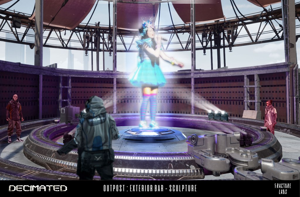 A futuristic outdoor scene featuring a holographic sculpture of a girl in a blue dress, surrounded by characters in a bar-like setting. The installation is set on a circular platform, with industrial elements and a partially cloudy sky in the background.