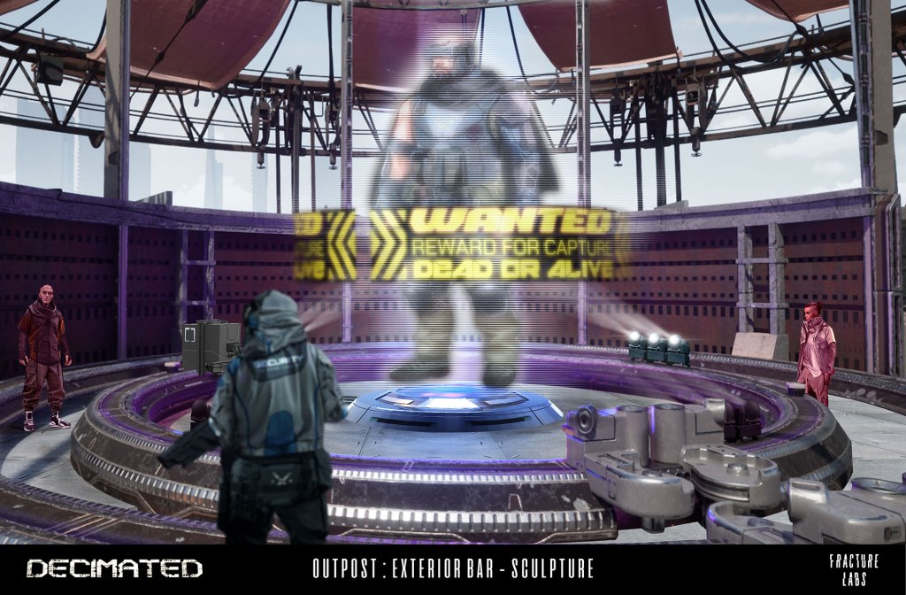 A futuristic outpost exterior featuring a bar with colorful sculptures and holographic displays, including a 'WANTED' message. Two characters in sci-fi attire observe the scene.