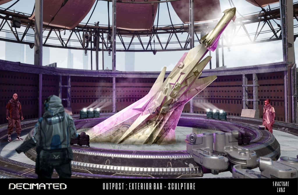 A futuristic exterior bar setting with a large, stylized sculpture resembling an abstract rocket, featuring a mix of golden and pink hues. Two characters are present, one in a dark outfit and the other in a vibrant pink attire, positioned near the sculpture in a circular space with industrial elements.