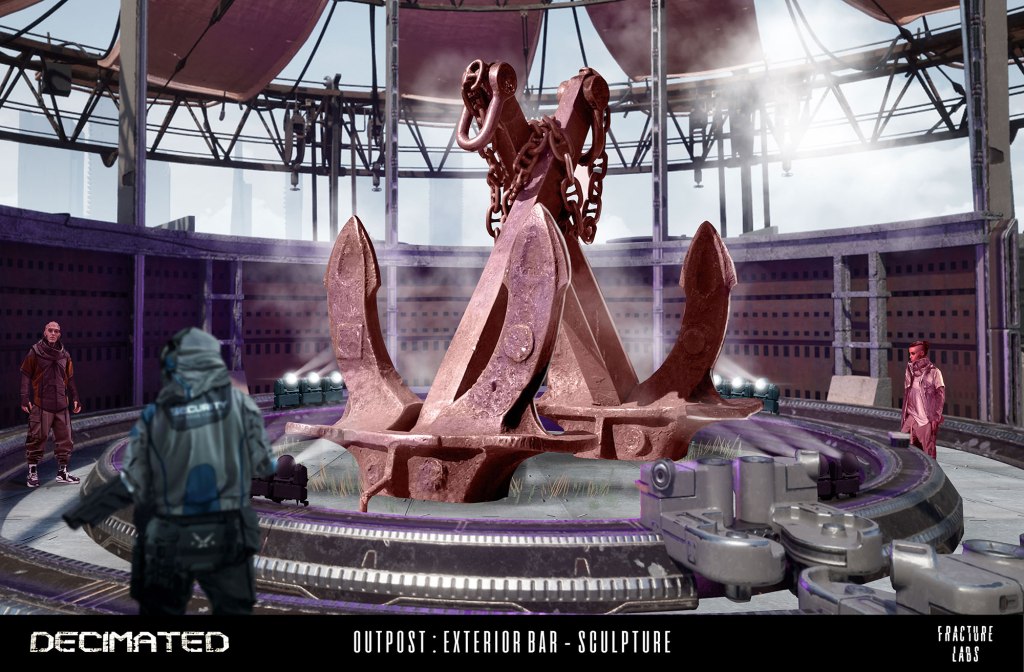 A digitally created scene featuring a large anchor sculpture in a futuristic outpost bar. Two figures are positioned in the foreground, with one in a dark, hooded jacket and the other in a pink outfit. The interior has a modern design with visible beams and seating areas.