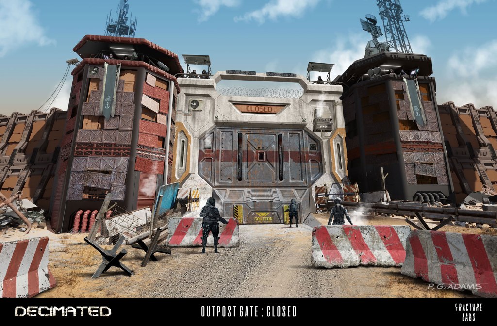 A stylized outpost gate labeled 'CLOSED' with two guards positioned in front, surrounded by barricades and a dusty landscape. The structure features external communication equipment and a variety of architectural materials.