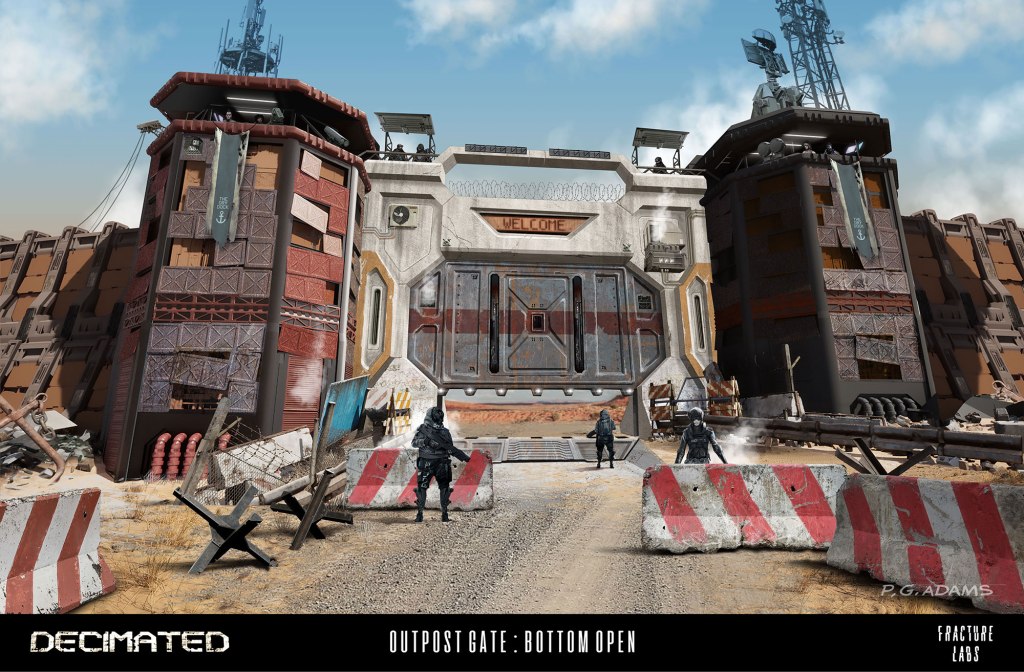 A futuristic outpost gate with a large entrance labeled 'WELCOME.' The scene shows two armored soldiers standing in front of the gate, which is flanked by two tall towers. The ground is a mix of dirt and debris, with construction barriers in place.