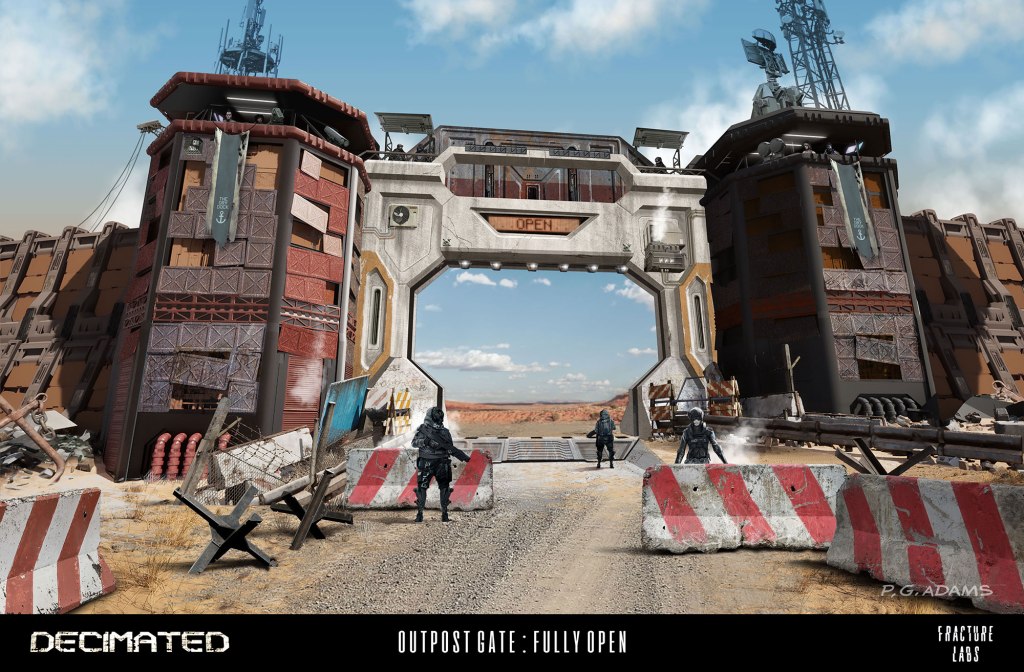 A futuristic outpost with an open gate, featuring two guard figures in tactical gear. The structure has a mix of industrial design elements, surrounded by debris and red and white barrier blocks in a desert landscape.