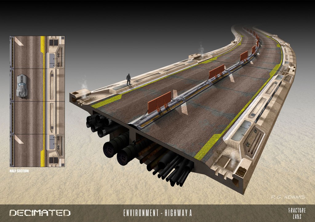 Conceptual design of a futuristic highway, featuring a half-section view that shows structural details, benches, and an adjacent vehicle.