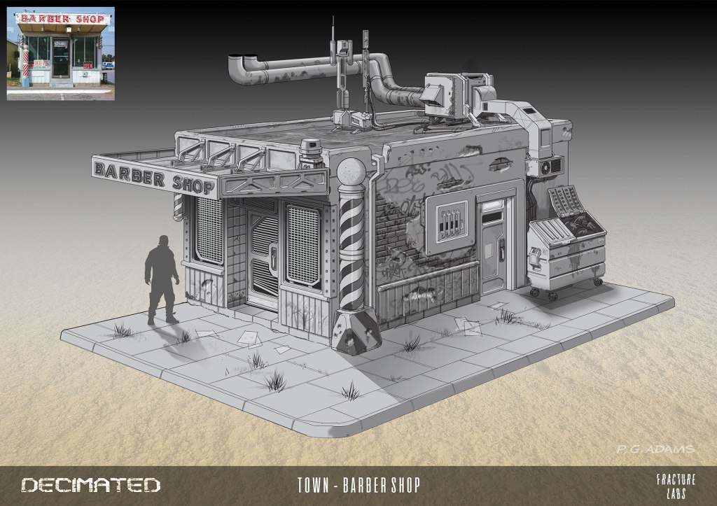 3D illustration of a barber shop building with a detailed exterior and graffiti, featuring a person standing outside, surrounded by an urban environment.