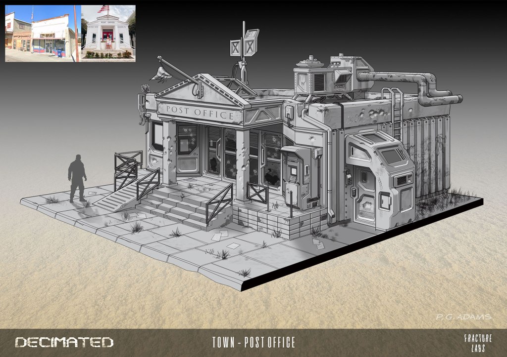 A conceptual illustration of a post office building with an industrial design, featuring stairs, a weathered facade, and a person standing nearby. The background includes smaller images of traditional post office structures.