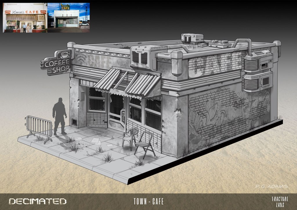 A digital illustration of a decimated coffee shop building, featuring a storefront with a sign that reads 'COFFEE SHOP', a striped awning, and a few scattered chairs and weeds around the entrance.