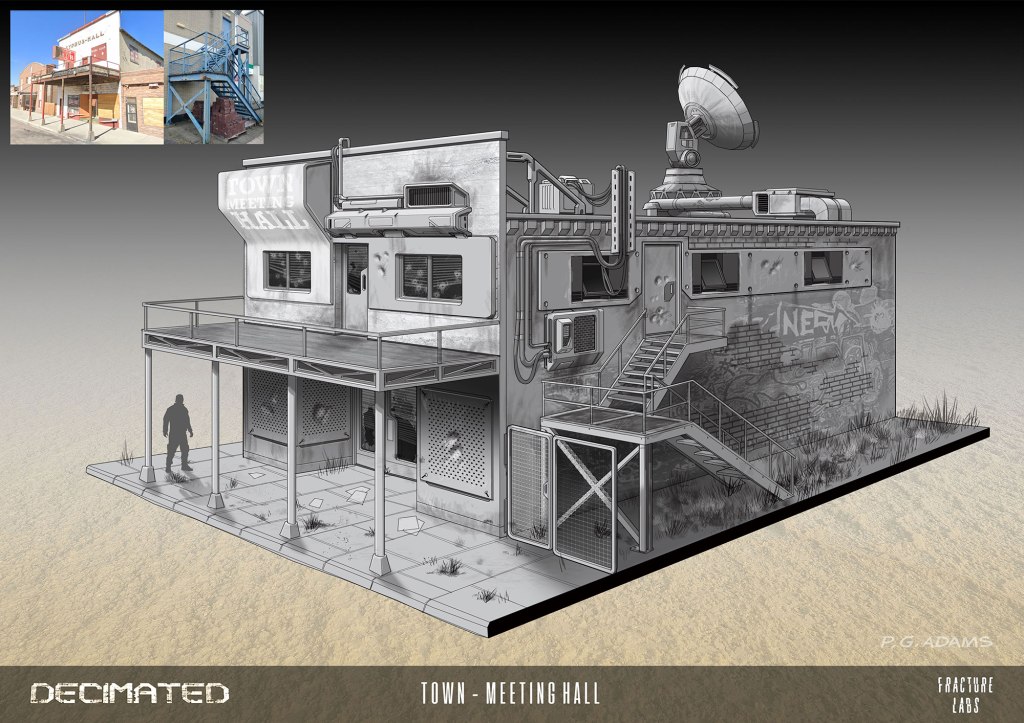 3D concept art of a town meeting hall, featuring a two-story building with a rooftop satellite dish, graffiti, and a small figure standing in front. The design includes a balcony and external stairs.