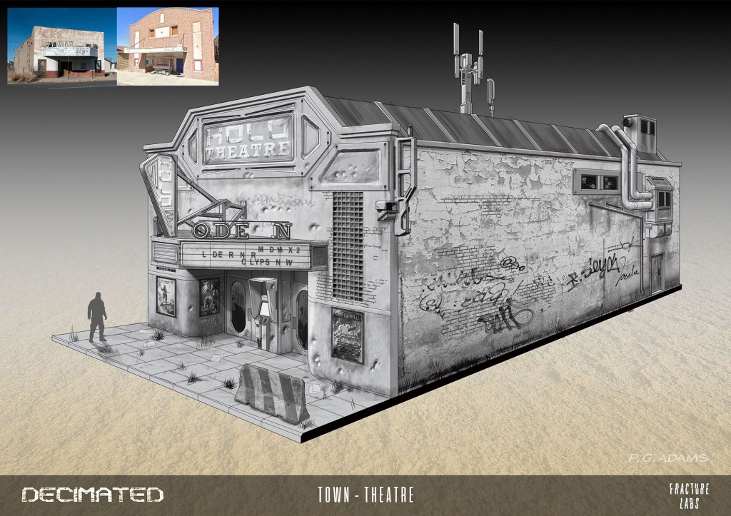 A digital rendering of an abandoned theater building with a weathered facade, featuring graffiti and a marquee displaying 'ODEON'. A lone figure is seen walking towards the entrance on a cracked pavement.