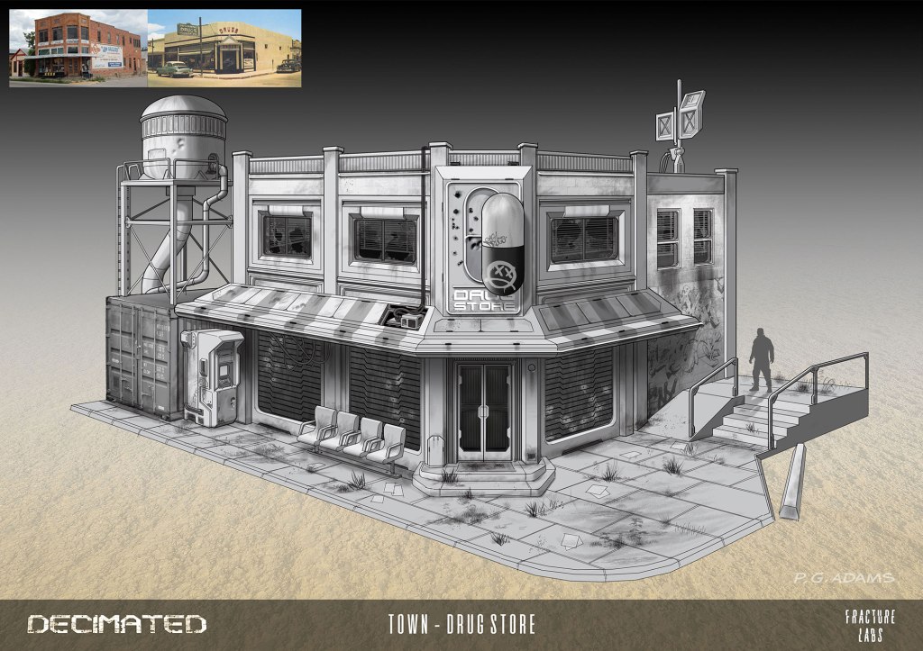 Illustration of a small drug store building with a distinctive capsule-shaped sign, surrounded by empty benches and a stairway leading up. A water tank is visible on the side, and the setting appears urban with scattered grass.