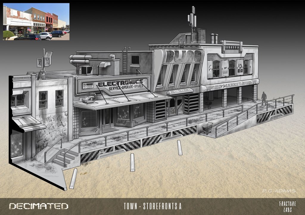 Illustration of a town storefront scene featuring an electronics shop and a market, with a detailed foreground and shadow effects.