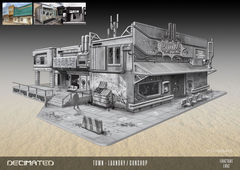 A detailed concept art illustration of a combined laundry and gun shop building in a deserted town setting. The structure features a sign reading 'BOOM! Guns & Ammo' and an abandoned appearance with graffiti and debris around it. Steps lead up to the entrance, adding to its rugged, urban aesthetic.