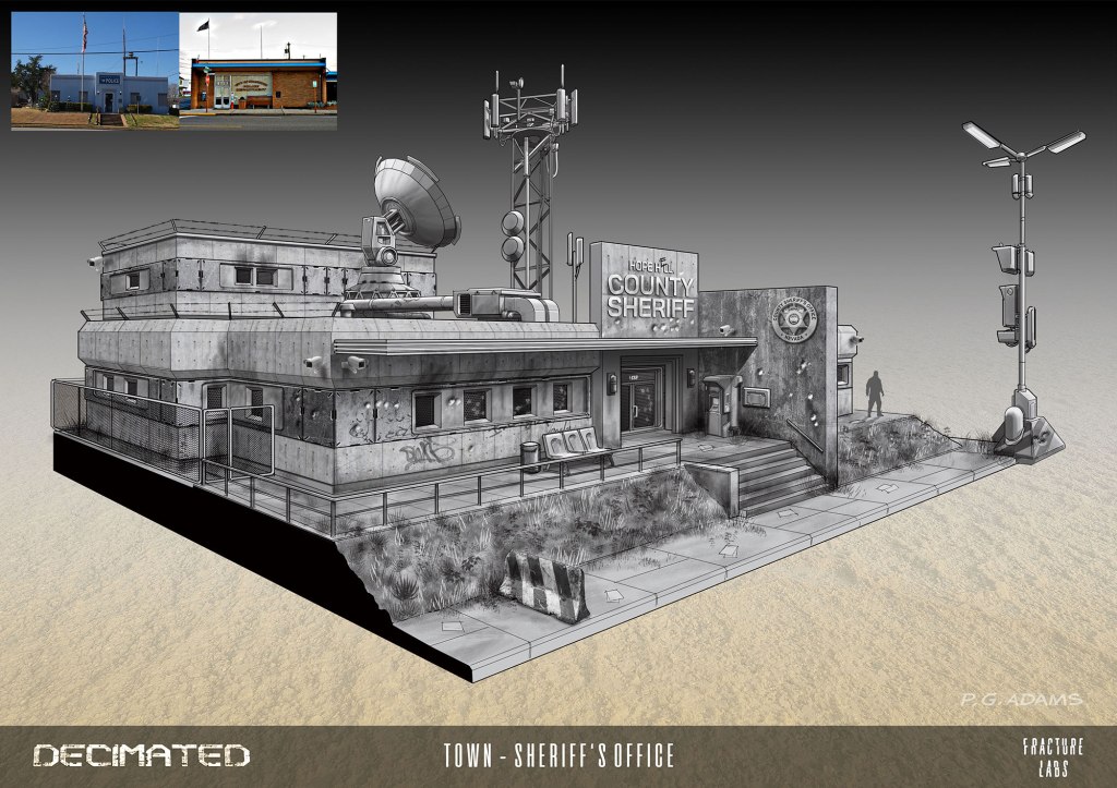 A stylized illustration of a sheriff's office building, featuring a modern architectural design with antennas and surveillance equipment on the roof, surrounded by a fenced area and overgrown grass.