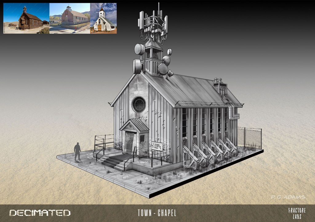 3D illustration of a chapel structure with telecommunications equipment on the roof, featuring a prominent entrance and steps, set against a desolate background.