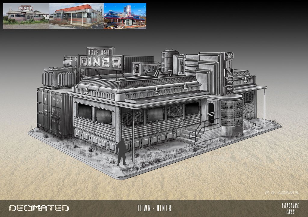 A digital illustration of a diner titled 'Hope Hall Diner' set against a desert-like background. The building features a retro design with signage, large windows, and stacked containers on the side.