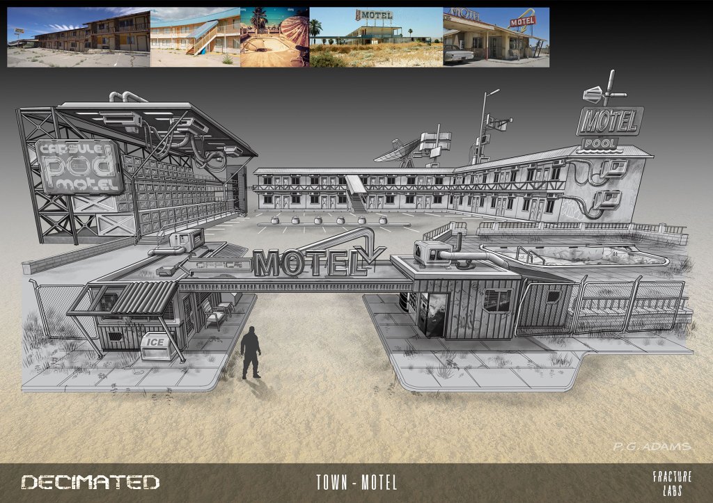 Conceptual illustration of a motelscape featuring a capsule pod motel, traditional motel building, pool area, and signage in a desolate environment.