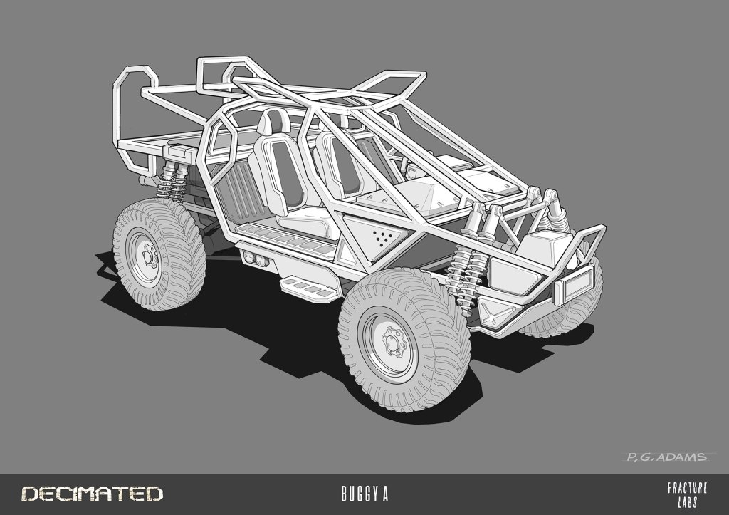 A detailed line drawing of a buggy vehicle, showcasing its frame, wheels, and interior design against a plain gray background.