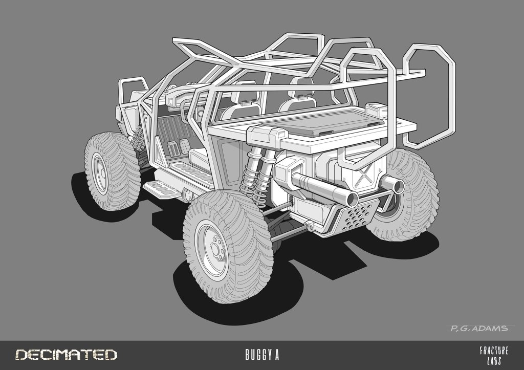 A detailed illustration of a buggy vehicle, showcasing its exterior features including large tires, a roll cage, and exposed components.