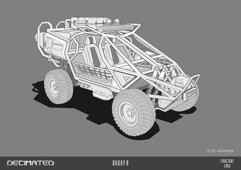 A detailed illustration of a futuristic off-road buggy, featuring an exposed frame, large tires, and various mechanical components.