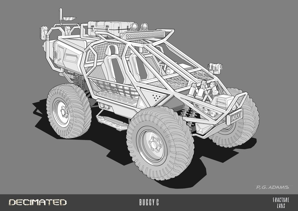 Conceptual illustration of a futuristic buggy vehicle with a skeletal frame and large tires, featuring seating for occupants and various mechanical components.