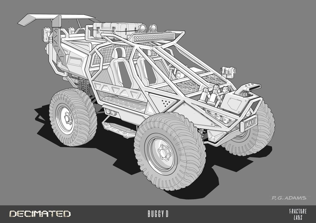 A detailed line drawing of a futuristic off-road buggy vehicle with large tires, a tubular frame, and various equipment mounted on it.
