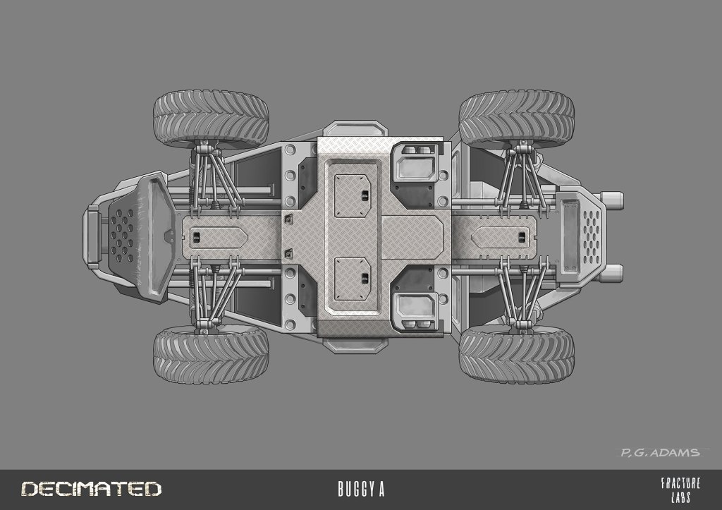 Top view illustration of a buggy vehicle showing its chassis, wheels, and suspension components.
