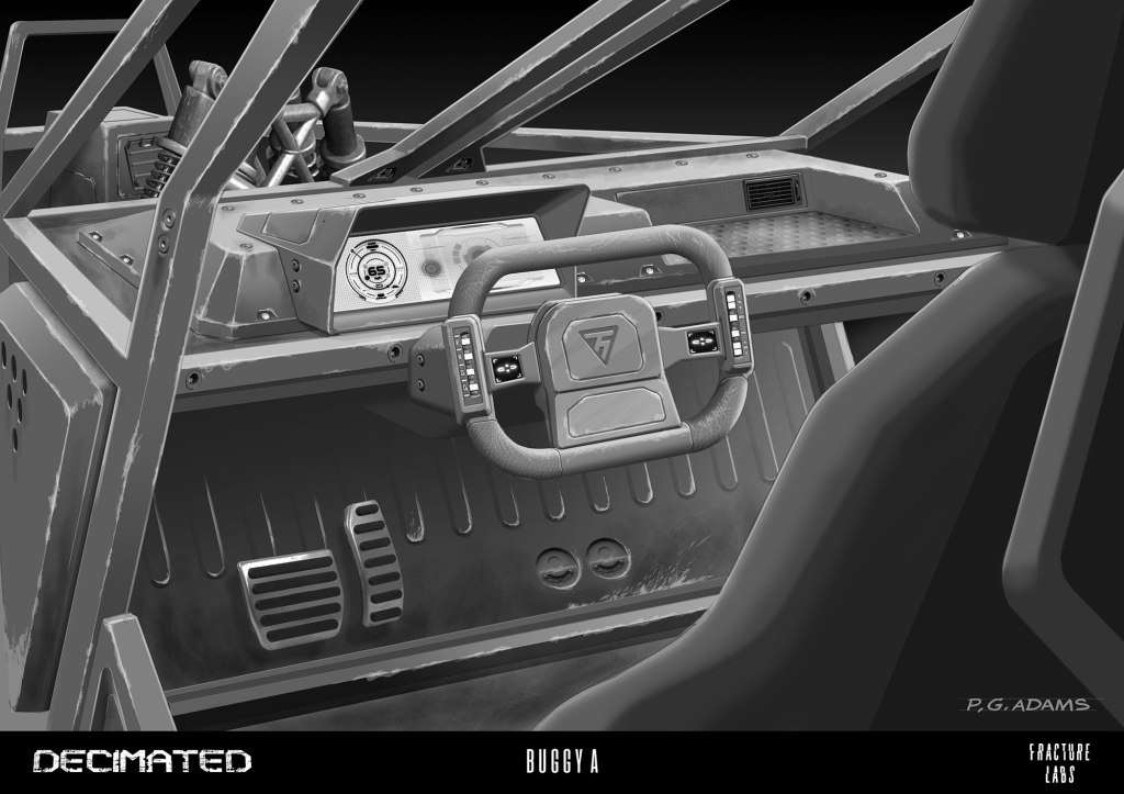 Interior view of a rugged off-road vehicle showcasing the steering wheel, dashboard, and control panel, depicted in a monochrome style.