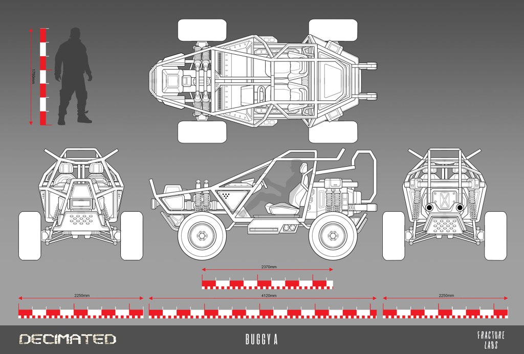 Technical illustration of a buggy vehicle from multiple angles, including top, front, back, and side views, with measurements indicated in millimeters.