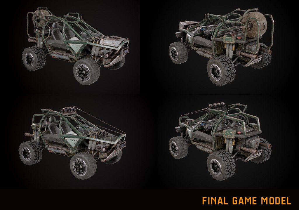 Four perspectives of a rugged off-road vehicle, showcasing its detailed design and various components.