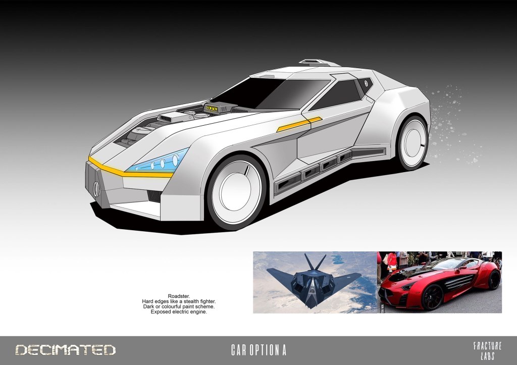 Concept art of a futuristic roadster vehicle, featuring hard edges and an exposed electric engine. The design is sleek with a stealth fighter aesthetic, complemented by a note describing its color scheme.