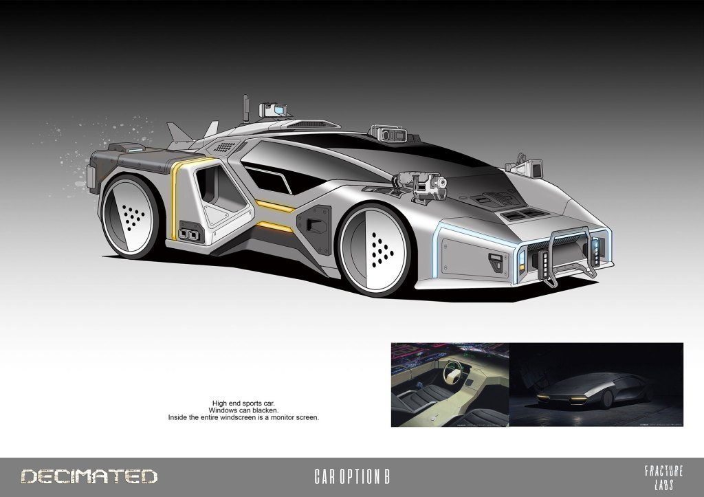 A futuristic high-end sports car design featuring sleek lines, advanced technology, and customizable features, including windows that can blacken and a monitor screen as the windscreen. The image also includes concept sketches of the car's interior and another design variation.