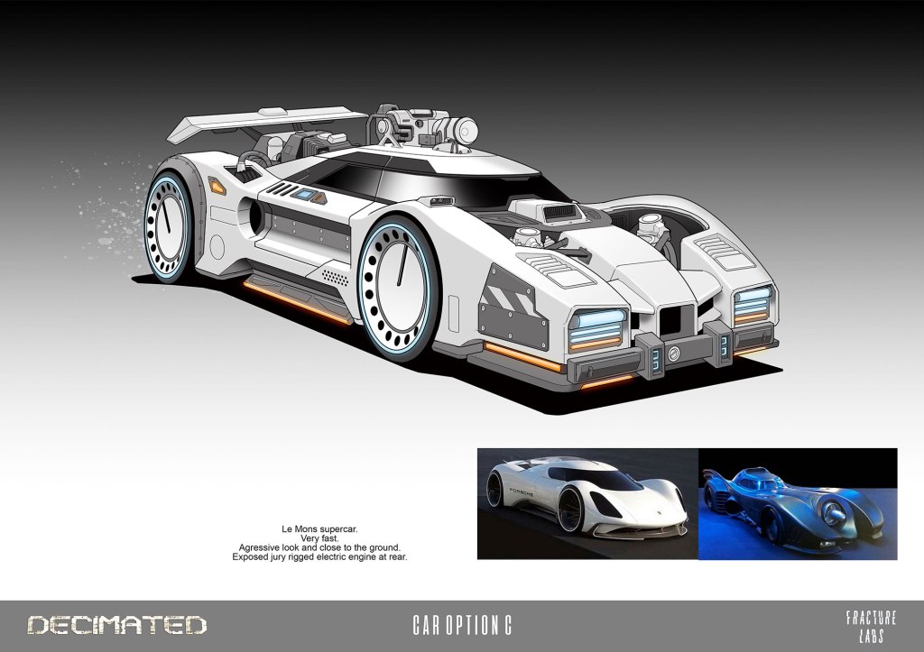 A concept design of a futuristic supercar, featuring a sleek, low-profile body, aggressive styling, and an exposed electric engine at the rear. Accompanied by images of two additional modern cars.