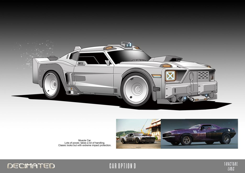 Stylized illustration of a futuristic muscle car with extreme impact protection, featuring a sleek design and large wheels. Includes images of classic cars below.