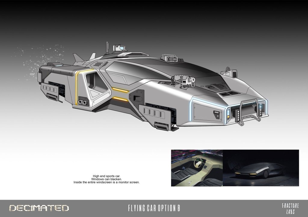 Concept design of a high-end flying sports car with sleek lines and advanced features, accompanied by detailed images of its interior and exterior.