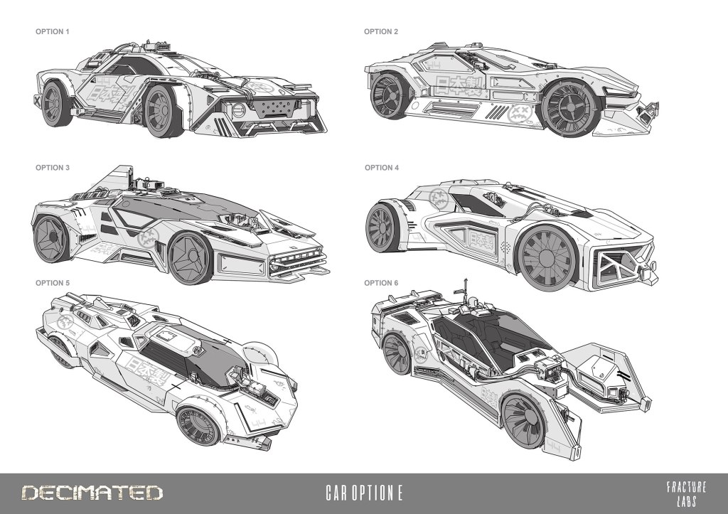 Six design options for futuristic cars, each featuring unique shapes and details, labeled as Option 1 to Option 6, with a clean, monochrome style.