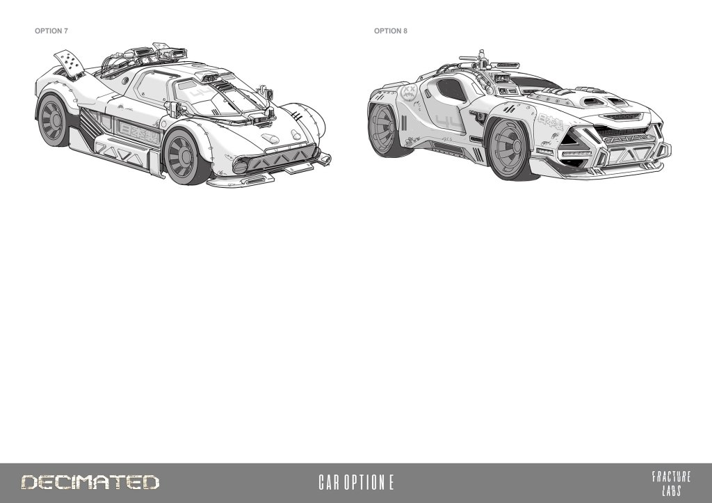 Concept art of two futuristic car designs labeled as Option 7 and Option 8, showcasing distinctive features and shapes.