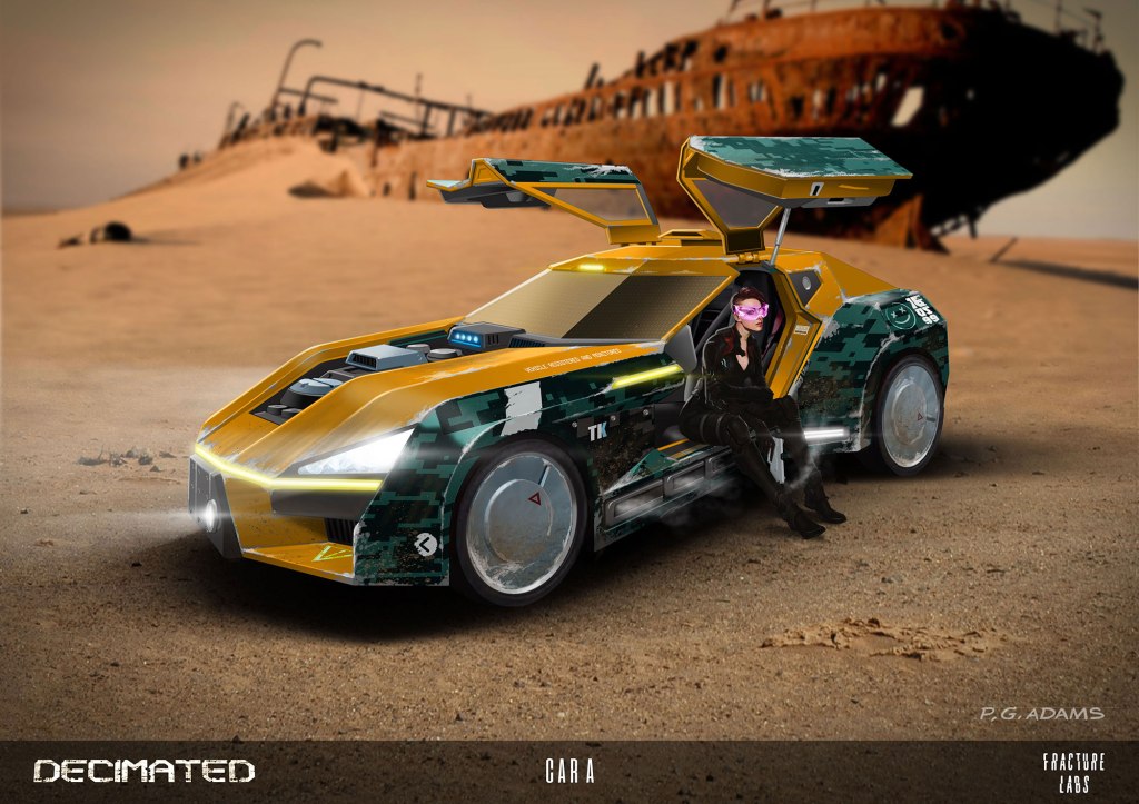 A futuristic, brightly colored car with gullwing doors parked in a desolate desert landscape, featuring a character in a black outfit and goggles sitting inside.