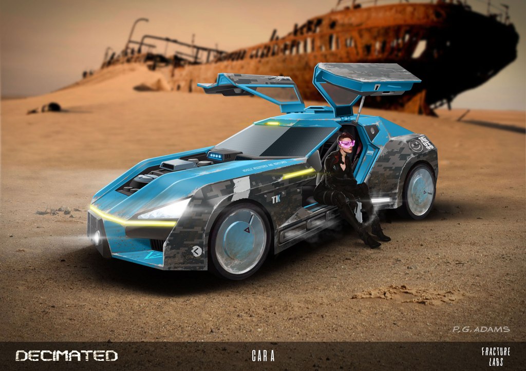 A futuristic blue car with distinctive design features parked in a desert landscape, with a character in black attire and pink goggles sitting inside.