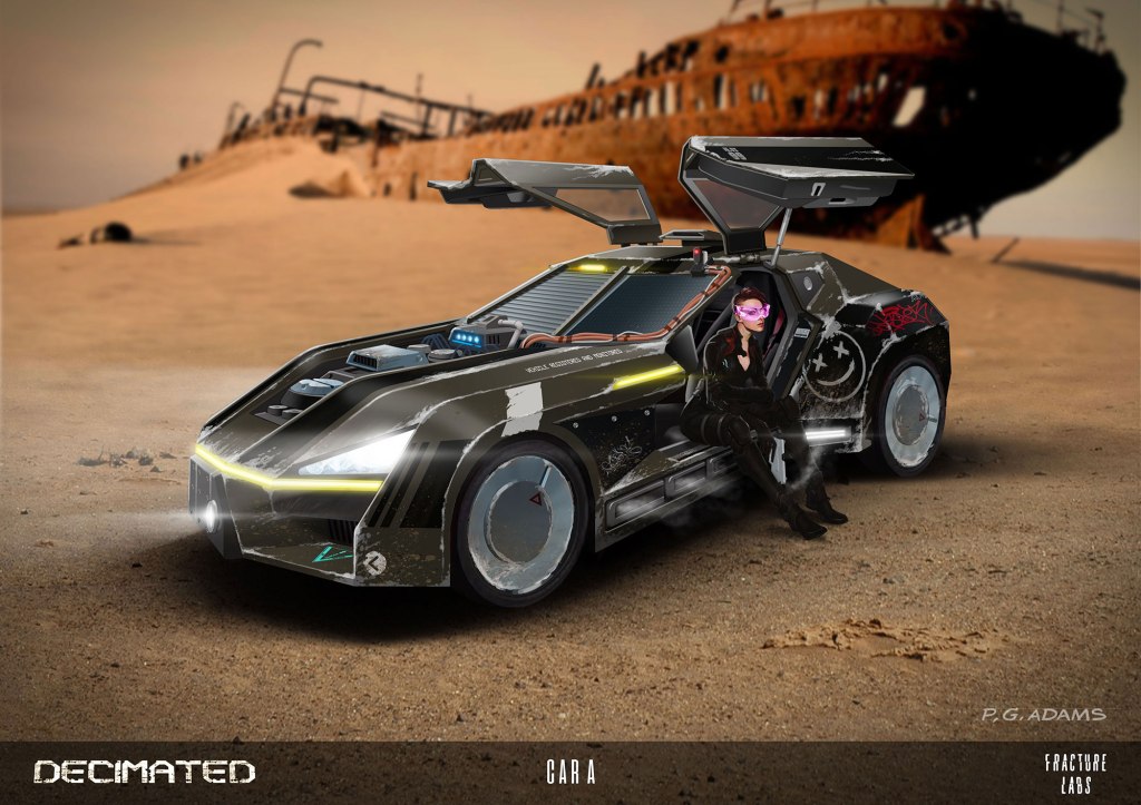 A futuristic black car with distinctive gullwing doors parked in a desert landscape, featuring a character in a stylish outfit and goggles sitting inside.