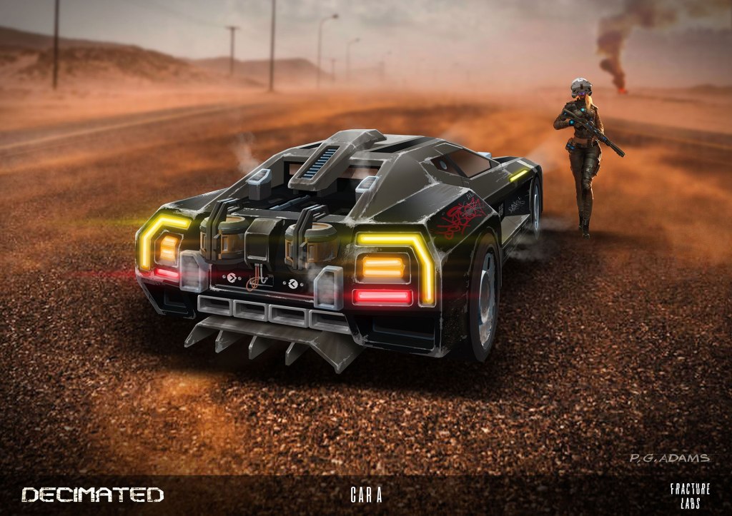 A futuristic car with glowing tail lights parked on a dusty road, with a figure in tactical gear walking away in the background.