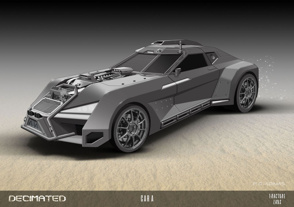 Futuristic car design featuring a sleek, angular shape with an intricate front grille and high-performance wheels, set against a gradient background.