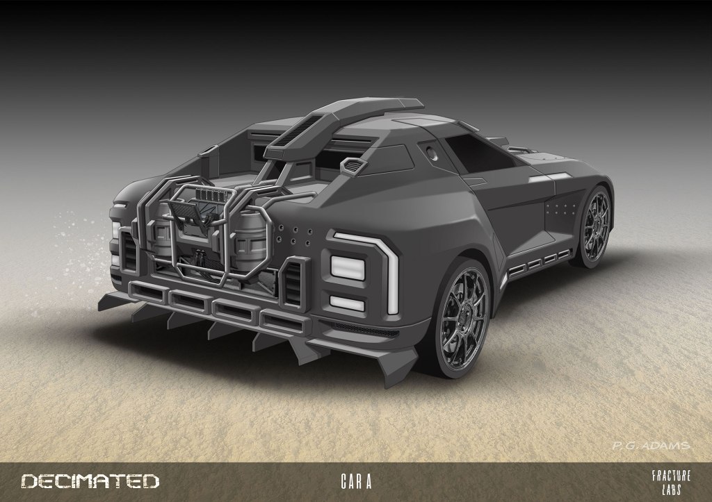 3D rendering of a futuristic, armored vehicle with a sleek design, featuring intricate detailing on the rear and large alloy wheels.