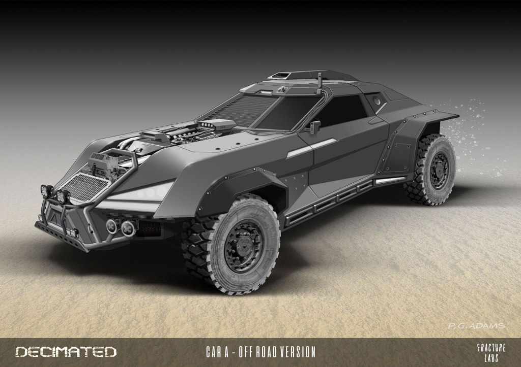 A gray off-road vehicle featuring a futuristic design, equipped with rugged tires, front-facing lights, and an industrial-style grille.