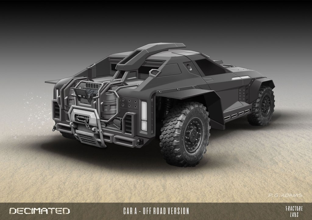A 3D rendering of an off-road vehicle featuring a rugged design, large tires, and a sturdy frame, set against a gradient background.
